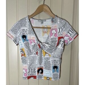 Papaya Women Cropped Blouse Sz S Multicolored Girl Power Graphic Artsy Festival